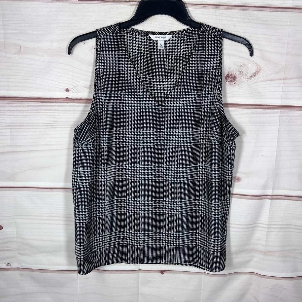 Nine West Top Women XL Black White Houndstooth Sleeveless V-Neck Glen Plaid Tank